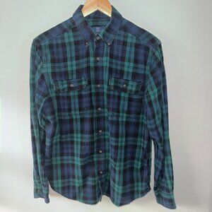 George Navy Blue and Green Plaid Flannel Collared Button Down Long Sleeve Medium